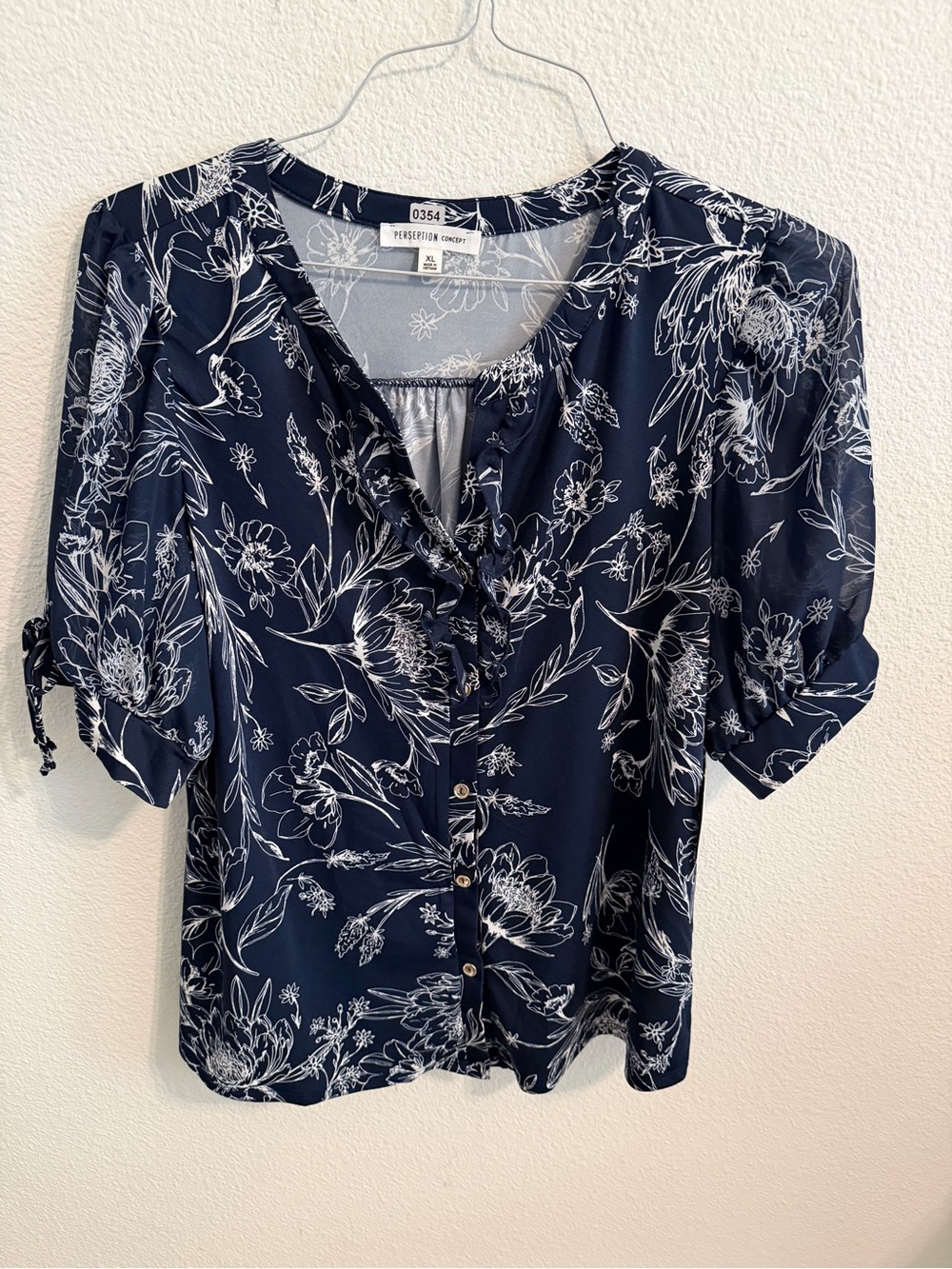 Perceptions Navy and White Floral Ruffle-Front Blouse